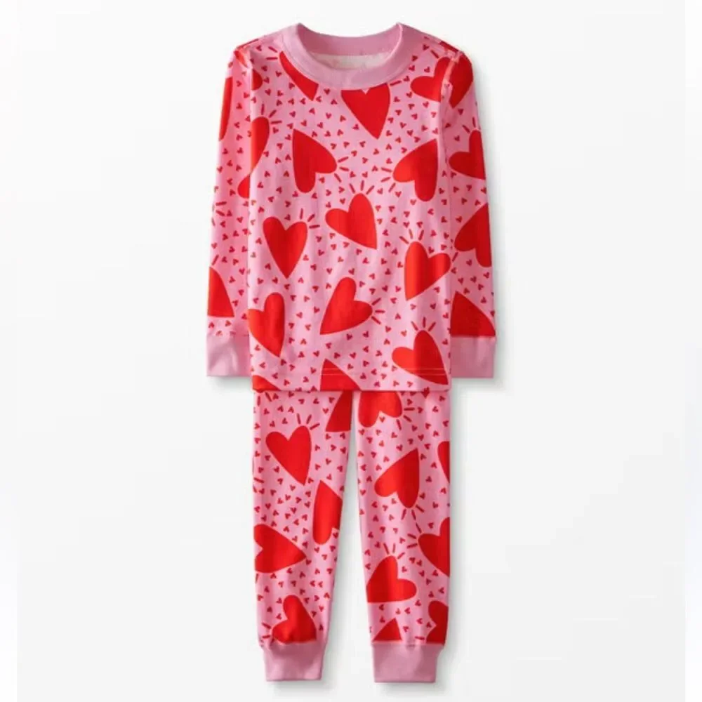 Hanna Anderson Long John Organic Cotton Pajama Set in Full Hearts 12 NWOT